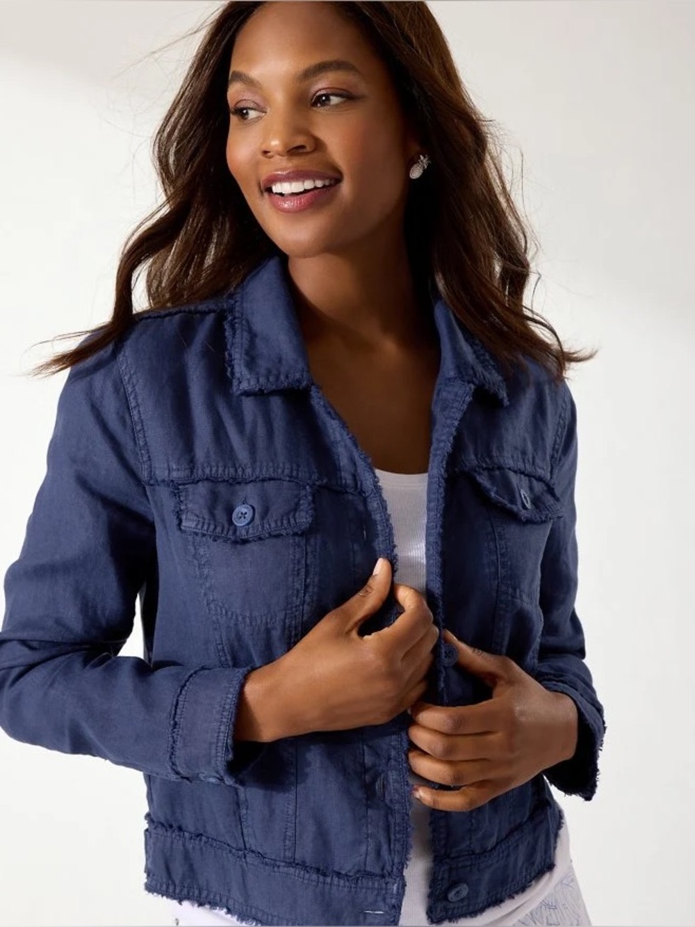 Tommy Bahama Two Palms Linen Raw-Edge Jacket Navy Size M Trucker Style